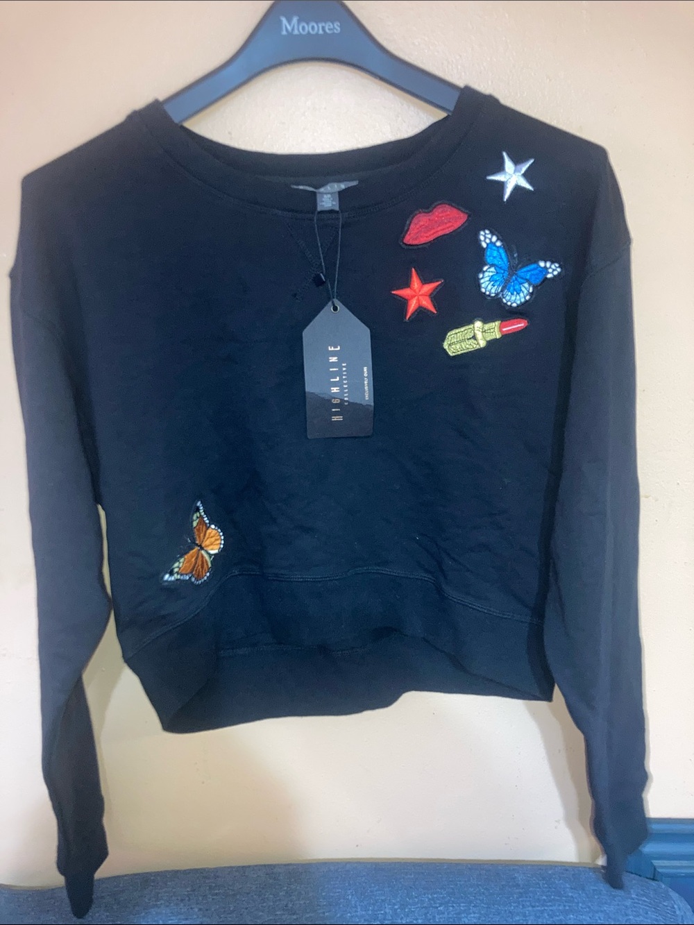 Highline Black Embroidered Crop Sweatshirt - Butterfly & Lip Patch